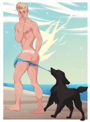 barefoot beach blonde_hair blue_eyes canine coppertone_pose feet hand_on_butt hand_over_mouth johnny_storm looking_back male_only mostly_nude skimpy_swimwear speedo swimsuit swimsuit_only swimsuit_pull tanline x-men yuunsfw