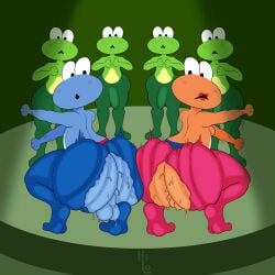 2025 amphibian anthro ass ass_to_ass balls bandleader big_butt black_eyes blue_body blue_bottomwear blue_clothing blue_pants blue_skin blush blush_lines bodily_fluids bottomwear clothing crouching digital_media_(artwork) eyelashes female frog frogette genitals green_body green_skin group hi_res itsme_hilo lipstick makeup male motion_lines multicolored_body multicolored_bottomwear multicolored_clothing multicolored_skin nintendo orange_body orange_skin pants pussy rear_view red_bottomwear red_clothing red_lipstick red_pants rhythm_heaven signature standing surprise surprised_expression sweat thick_thighs torn_bottomwear torn_clothing torn_pants two_tone_body two_tone_bottomwear two_tone_clothing two_tone_pants two_tone_skin wardrobe_malfunction