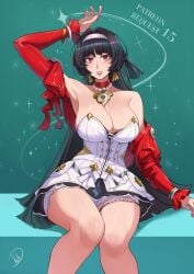 astra_yao bare_shoulders black_hair blunt_bangs breasts cleavage deliciousbrain dress earrings female hairband jacket jewelry large_breasts long_hair looking_at_viewer necklace red_jacket sitting smile solo white_dress white_hairband wide_hips zenless_zone_zero