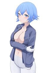 blue_eyes blue_hair blush daebom large_breasts open_clothes somua_sm