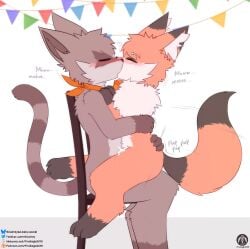 absurd_res ancesra_(ancesra) anthro banner bell bell_collar birthday birthday_party birthday_sex blush bodily_fluids canid canine chair claws closed_eyes collar cum cum_in_pussy cum_inside duo female fox from_front_position furniture genital_fluids heart_symbol hi_res kissing male male/female mammal mastery_position nia_(senz) penetration procyonid raccoon senz sex simple_background tail text thrusting vaginal_penetration vaginal_penetration