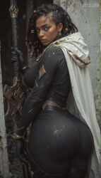 ai_generated big_ass cassstash dark-skinned_female dat_ass dreadlocks league_of_legends looking_at_viewer senna_(league_of_legends) weapon white_hood