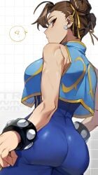 ass bracelet breasts bun_cover capcom chinese_clothes chun-li double_bun earrings female from_behind hair_bun highres jewelry looking_back pearl_earrings solo spiked_bracelet spikes street_fighter thick_thighs thighs toned toned_female trnnmnm4