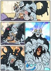 anthro ass balls bearcat beard belly_bulge belly_full_of_cum big_balls big_penis bovid bovine bull chest_tuft cock comic cum dick furry fusion gay glasses goo_creature growth head_tuft homosexual horn male male/male male_only masturbation melting merging muscles muscular muscular_male penis semen slime tail testicles tongue trencalos vein veiny_penis