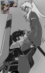 1boy 1girls absurdres aldharoku animal_ears bare_shoulders blush bodysuit boomerang breasts clothed_female clothed_sex dog_ears fellatio female femdom from_side fully_clothed fully_clothed_female highres huge_weapon inuyasha inuyasha_(character) japanese_clothes large_breasts long_hair male malesub oral penis ponytail ribbon-trimmed_sleeves ribbon_trim sango screencap_inset uncensored weapon