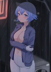 arm_under_breasts blue_eyes blue_hair blue_jacket blush daebom gloves holding_breast large_breasts looking_at_viewer open_clothes raining somua_sm wet white_gloves white_legwear