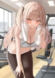 bare_arms bare_shoulders black_pants blush breasts brown_eyes brown_hair cleavage collarbone female grey_sports_bra highres imouto-chan_(monaka_curl) indoors large_breasts leaning_forward long_hair looking_at_viewer monaka_curl navel open_mouth original pants side_ponytail solo sports_bra stomach sweat towel towel_around_neck
