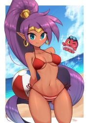 arms_behind_back artist_name ball bare_shoulders beach beachball bikini blue_eyes blue_sky breasts cloud cloudy_sky collarbone commentary_request dark-skinned_female dark_skin day earrings female gluteal_fold hair_ornament high_ponytail highres jewelry long_hair looking_at_viewer medium_breasts ocean outdoors pointy_ears ponytail purple_hair shantae shantae_(character) shiny_skin side-tie_bikini_bottom signature simple_background sky smile striped_bikini striped_clothes swimsuit thighs tiara wakaba_(wata_ridley) water water_drop wet