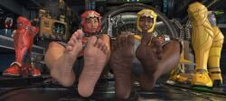 2girls african african_female asian asian_female barefoot cyrax cyrax_(new_era) dark-skinned_female ebony feet female foot_fetish kamikazaye melanin mortal_kombat mortal_kombat_1_(2023) nigerian sektor sektor_(new_era) smiling_at_viewer soles