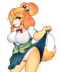 2017 absurd_res absurdres alternate_body_type alternate_breast_size animal_crossing anthro bells big_breasts biped blue_bottomwear blue_clothing blue_skirt breasts canid canine canis dipstick_tail female female_focus female_only front_view fur furry furry_only green_eyes grey_nose hi_res highres isabelle_(animal_crossing) long_hair looking_at_viewer mammal multicolored_fur multicolored_tail nintendo no_panties no_underwear orange_hair partially_clothed portrait pussy raikissu shih_tzu shirt simple_background skirt smile solo_female solo_focus standing tail tan_fur tan_tail thick_thighs thighs three-quarter_portrait two_tone_fur two_tone_tail white_background white_clothing white_fur white_shirt white_tail white_topwear