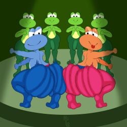2025 amphibian anthro ass ass_to_ass bandleader big_butt black_eyes blue_body blue_bottomwear blue_clothing blue_pants blue_skin bottomwear bulge clothing crouching detailed_bulge digital_media_(artwork) eyelashes female frog frogette genital_outline green_body green_bottomwear green_clothing green_pants green_skin group half-closed_eyes hi_res itsme_hilo lipstick looking_at_another makeup male motion_lines multicolored_body multicolored_bottomwear multicolored_clothing multicolored_skin narrowed_eyes nintendo orange_body orange_skin pants penis_outline pose rear_view red_bottomwear red_clothing red_lipstick red_pants rhythm_heaven signature smile standing thick_thighs two_tone_body two_tone_bottomwear two_tone_clothing two_tone_pants two_tone_skin