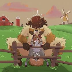 2025 5_fingers against_fence against_surface ambiguous_penetration anthro anthro_on_anthro barn big_breasts blush bodily_fluids bovid breasts brown_body brown_fur brown_hair canid canine canis caprine cinnamimi cinnamon_(sapphicslob) cloud cum cum_inside cutlery detailed_background digital_media_(artwork) domestic_dog duo_focus evening exclamation_point farm female fence fingers fork fur furry genital_fluids grass grey_body grey_fur grey_wool group gynomorph gynomorph/female hair hi_res holding_fork hooves horn intersex intersex/female kitchen_utensils looking_up mammal navel nipples nude open_mouth orgasm_face outside penetration plant sex sheep silo size_difference sophie_(cinnamimi) spread_legs spreading tail tongue tongue_out tools windmill wool_(fur)