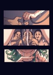 3boys 3koma absurdres black_collar closed_mouth collar comic completely_nude cum cumdrip curly_hair faceless faceless_male female green_eyes green_hair highres hypnosis leash mind_control multiple_boys nude one-punch_man penetration_gesture short_hair smile tatsumaki ttf