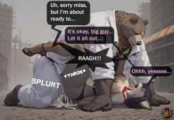 ai_generated anthro_on_anthro ben_bigger black_hair brown_fur clothed_male_nude_female cum_in_pussy dialogue dialogue_bubble elledoesai gold_jewelry grey_fur original_character scar_across_eye zenless_zone_zero