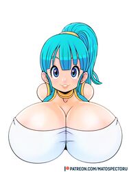 1girls artist_name big_breasts blue_eyes breasts bulma_briefs bust bust_style busty cleavage clothing dragon_ball female female_only hair huge_breasts large_breasts matospectoru patreon ponytail solo teenager url watermark