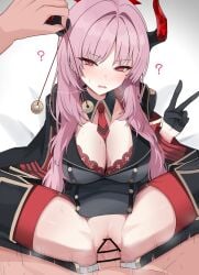 1boy ? absurdres bar_censor black_gloves blue_archive breasts censored cleavage coin coin_on_string commentary_request demon_girl demon_horns female gloves halo highres holed_coin horns huge_breasts hypnosis long_hair male mind_control mole mole_on_breast necktie pad_sex_cyclops pendulum penis pink_hair pussy red_eyes red_necktie satsuki_(blue_archive) sex short_necktie spread_legs straight thighhighs v vaginal_penetration