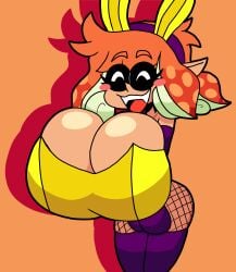 1girls agent_4_(splatoon) blush bunnysuit closed_eyes digital_drawing_(artwork) digital_media_(artwork) female female_only happy happy_female huge_breasts hyper_breasts inkling inkling_girl jaktroose open_mouth splatoon splatoon_2 twitter_link