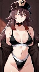 1girls blacked blacked_clothing breasts genshin_impact hu_tao_(genshin_impact) long_hair smile