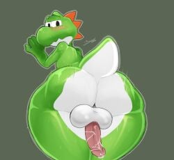 1boy anthro ass balls big_ass big_balls big_butt blush blush_lines blushing bodily_fluids butt cum cum_on_own_penis cum_on_penis dat_ass embarrassed erection fat_ass furry furry_male furry_only genital_fluids genitals green_body green_skin green_yoshi hi_res humanoid_genitalia humanoid_penis jaynatorburudragon looking_at_viewer looking_back looking_back_at_viewer male male_only mario_(series) nintendo nude penis reptile scalie solo solo_anthro solo_focus solo_male tail testicles white_body yoshi