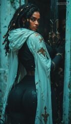 ai_generated big_ass cassstash dark-skinned_female dat_ass dreadlocks league_of_legends senna_(league_of_legends) weapon white_hood