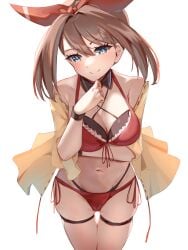 alternate_breast_size arm_under_breasts ass_visible_through_thighs bare_belly bare_legs bare_shoulders bare_thighs belly_button big_breasts bikini blue_eyes blush breasts brown_hair cameltoe cleavage closed_mouth collarbone groin hair_ribbon jacket may_(pokemon) medium_hair momdy_(talesshinja) open_jacket pokemon red_bikini smile thigh_strap thighs
