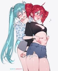 2girls aqua_hair belly belly_grab blue_hair blush bracelet casual_clothes cleavage closed_eyes drill_hair earrings eyelashes female female_only flustered grabbing_belly happy hatsune_miku head_tilt heavy_blush highres jean_shorts kasane_teto light-skinned_female light_skin long_hair nail_polish nails navel open_eyes open_mouth open_smile qiandaiyiyu red_hair shorts small_breasts smile standing stomach surprised sweatdrop tagme thighs topwear torn_jeans twintails vocaloid white_background yuri