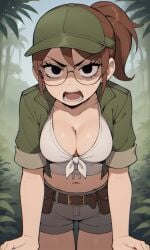 ai_generated ass bigmic145 breasts brown_hair cap cleavage female front-tie_top glasses hat jacket julie_powers navel netflix nude ponytail safari safari_hat safari_jacket scott_pilgrim scott_pilgrim_takes_off shorts tube_top tubetop
