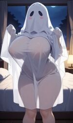 ai_generated bed bedroom big_ass big_breasts blush female floor ghost_costume ghost_girl hand_up hourglass_figure knees_together_feet_apart lamp lamp_light moon moonlight night night_sky pillow shadow table trees window