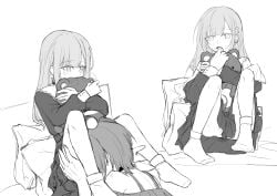 2girls absurdres bang_dream! bang_dream!_it's_mygo!!!!! between_legs blush choker commentary cunnilingus dress frilled_choker frills hair_ornament hairclip hand_on_another's_thigh hashtag-only_commentary highres hugging_object kaeru_(kaeee41917105) long_hair long_sleeves multiple_girls off-shoulder_shirt off_shoulder open_mouth oral pillow pussy_juice shirt short_hair socks stuffed_animal stuffed_toy teddy_bear wakaba_mutsumi yuri yuutenji_nyamu