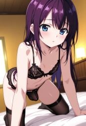 ai_generated all_fours artist_request blue_eyes bulge crossdressing femboy gay girly motel original original_character original_characters otoko_no_ko otokonoko penis penis_bulge purple_hair trap twink