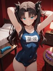 1girls ai_generated anal_beads armpits arms_up bed bedroom dildo female femdom school_swimsuit smirk table tohsaka_rin