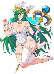 absurdres animal_ears armlet aryi077 bare_shoulders blush breasts circlet female forehead_jewel green_eyes green_hair high_heels highres holding holding_staff jewelry kid_icarus kid_icarus_uprising large_breasts laurel_crown leotard long_hair looking_at_viewer nintendo palutena playboy_bunny rabbit_ears rabbit_tail smile solo staff tail thighhighs tiara very_long_hair white_leotard white_thighhighs wrist_cuffs