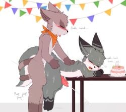 absurd_res anal anal_sex ancesra_(ancesra) animal_genitalia animal_penis anthro banner birthday birthday_cake birthday_sex blush bodily_fluids cake candle canine_genitalia canine_penis claws closed_eyes cum cum_inside cum_on_body cumshot dessert ejaculation entwined_tails fangs food from_behind_position furniture genital_fluids genitals hands_on_hips heart_symbol hi_res iradeon kerchief knot legs_in_air male male/male mammal on_table open_mouth penetration penis procyonid raccoon scarf sean_(senz) senz sex simple_background table tail tail_coil teeth text thrusting tongue tongue_out