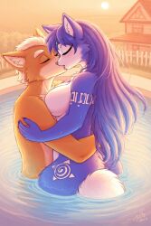 ai_generated arm_markings arm_tattoo ass big_breasts blue_body blue_fur blue_hair breasts canid canine canis canon_couple closed_eyes couple embrace female female_fox fox fox_mccloud hair hug hugging husband husband_and_wife husband_kissing_wife kiss_on_lips kissing krystal krystal_(star_fox) krystal_mccloud long_hair love loving_couple loving_embrace male male/female mammal married married_couple naked nintendo nude orange_body orange_fur pool romantic romantic_ambiance romantic_couple skinny_dipping star_fox sunset tribal tribal_markings tribal_tattoo two_tone_body two_tone_fur video_games water white_body white_fur wife