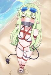 absurdres alternate_costume beach bikini blue-tinted_eyewear blue_archive bondage breasts chinese_commentary commentary_request demon_girl demon_tail eyewear_on_head female from_above full_body gag gagged green_hair green_halo halo highres hikari_(blue_archive) improvised_gag long_hair looking_at_viewer neko_huan ocean outdoors paid_reward_available pointy_ears pussy_juice remote_control_vibrator sex_toy small_breasts solo standing sunglasses swimsuit tail tape tape_gag tinted_eyewear toes v-shaped_eyebrows variant_set vibrator vibrator_under_clothes white-framed_eyewear white_bikini yellow_eyes