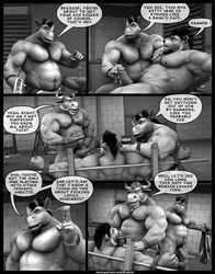 2017 3d abs anthro balls beard biceps big_muscles big_penis body_hair bondage bound bovine braford cattle chest_hair chuck_(braford) closed_eyes clothed clothing comic dialogue dozer_(braford) erection facial_hair fangs feline greyscale group hair horn huge_muscles humanoid_penis kurt_(braford) lion lying male male_only mammal monochrome muscular muscular_male navel nipples nude obliques on_back open_mouth pecs penis precum rope shorts smile speech_bubble standing sweat sweatband teeth tongue tongue_out topless triceps uncut vein veiny_muscles whiskers yaoi