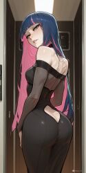 1girls ai_generated alluring ass ass_cleavage ass_crack blue_eyes blue_hair breasts butt_crack choker colored_inner_hair dress elevator female head_tilt horny long_hair looking_back multicolored_hair off-shoulder_dress panty_&_stocking_with_garterbelt perfect_ass perfect_body pink_hair sexy small_breasts solo standing stocking_anarchy suggestive teasing_viewer tight_clothing two_tone_hair view_from_back