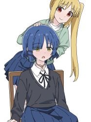 2girls black_jacket blonde_hair blue_hair bocchi_the_rock! chair disembodied_head dullahan green_jacket hair_ornament hairclip hands_on_another's_cheeks hands_on_another's_face highres ijichi_nijika jacket jbxpism misplaced_genitals multiple_girls on_chair penis penis_neck ponytail pussy shirt side_ponytail simple_background sitting solo textless_version uncensored what white_background white_shirt yamada_ryo yellow_eyes