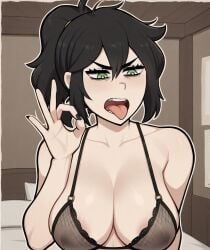 1girls ai_generated angry bellybutton big_breasts black_hair black_nails eyeshadow fishnet_topwear fishnets green_eyes ok_sign open_mouth presenting presenting_mouth renee_graves reneenjoyer solo_focus the_coffin_of_andy_and_leyley