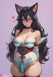 ahri_(league_of_legends) ai_generated animal_ears arms_behind_back bangs bare_shoulders black_hair blush breasts breasts choker cleavage closed_mouth collarbone cowboy_shot cute detached_sleeves facial_mark female fox_ears freckles hair_between_eyes heart heart_choker huge_ass huge_breasts juswa korean_clothes large_ass large_breasts lips long_hair looking_at_viewer oerba_yun_fang patreon_username purple_background red_choker simple_background skindentation slit_pupils smile solo strapless thicc thick_thighs thighhighs thighs very_long_hair whisker_markings yellow_eyes
