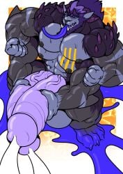 anthro balls bearcat beard big_balls big_penis blue_body brown_body canine chest_hair chest_tuft cock comic demon dick diphallia diphallism engis_(trencalos) flexing furry fusion gay goo_creature gray_body growth head_tuft homosexual horn hugging hyper_balls kissing male male/male male_only male_penetrating mane markings merging muscle_growth muscles muscular muscular_male neck_tuft penetration penis penis_growth pubes pubic_hair sex shark shark_tail size_difference slime stripes tail tongue tongue_kiss tongue_out trencalos tusks vein veiny_penis wolf