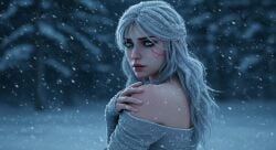 3d 3d_(artwork) 3d_model ai_generated ciri cirilla_fiona_elen_riannon cute green_eyes leshay7 snow the_witcher_(series) the_witcher_3:_wild_hunt white_hair