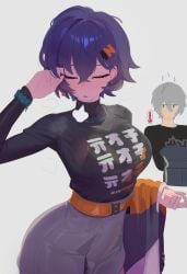 1boy 1girls absurdres belle_(zenless_zone_zero) blue_hair blush breasts daniel_deves female grey_hair highres large_breasts long_sleeves short_hair skirt wise_(zenless_zone_zero) zenless_zone_zero