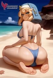 1boy 2d ai_generated ass bangs barefeet big_ass bikini blonde_hair bulge erection erection_under_clothes erophoenix feet full_body green_eyes looking_at_viewer looking_back male male_focus navel nude otoko_no_ko pale_skinned_male patreon_username penis sitting smile soles solo solo_male sweat swimsuit thick thick_thighs toes uncensored