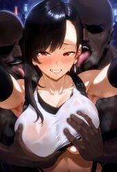 1girl 2boys ai_generated arms_up bald black_hair blush breast_grab cheating cheating_girlfriend cheating_wife cleavage clothed_female_nude_male color cuckold cuckold_pov dark-skinned_male dark_skin elbow_gloves evil_grin female final_fantasy final_fantasy_vii grabbing grabbing_another's_breast grabbing_from_behind grin highres interracial large_breasts licking licking_face long_hair looking_at_viewer male multiple_boys netorare red_eyes sairen_ai straight tank_top tifa_lockhart white_shirt