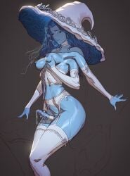 1futa blue_hair blue_skin breasts colored_skin elden_ring erection female fromsoftware futa_only futanari garter_belt hat highres intersex long_hair multi_arm multi_limb penis ranni_the_witch solo tarakanovich thighhighs white_hat white_thighhighs witch_hat