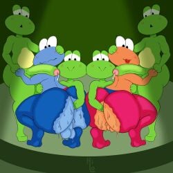2025 amphibian anal anal_fisting anal_sex anthro ass ass_to_ass balls bandleader big_butt big_penis black_eyes blue_body blue_bottomwear blue_clothing blue_pants blue_skin blush blush_lines bodily_fluids bottomwear clothing crouching digital_media_(artwork) eyelashes female fisting frog frogette genital_fluids genitals green_body green_skin group half-closed_eyes hand_on_belly hand_on_head hand_on_leg hi_res itsme_hilo lipstick looking_at_another looking_at_butt looking_at_genitalia looking_at_penis makeup male male/female male/male multicolored_body multicolored_bottomwear multicolored_clothing multicolored_skin narrowed_eyes nintendo orange_body orange_skin pants penetration penis penis_on_shoulder precum pussy rear_view red_bottomwear red_clothing red_lipstick red_pants rhythm_heaven signature standing sweat thick_thighs torn_bottomwear torn_clothing torn_pants two_tone_body two_tone_bottomwear two_tone_clothing two_tone_pants two_tone_skin