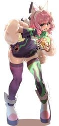 absurdres asymmetrical_legwear bow breasts coat drill_hair female flipped_hair fur_coat fur_jacket hairband hairbow highres jacket klara_(pokemon) mismatched_legwear mole mole_under_mouth momdy_(talesshinja) nintendo pink_hair pokemon pokemon_ss print_shirt shirt short_hair smile solo thighhighs thighs twin_drills white_bow white_hairband