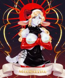 blonde_hair clasped_hands crying crying_with_eyes_open ear_piercing elbow_gloves goat_eyes horns kicakaki lace lace_bra latex latex_clothing latex_nun nipples_visible_through_clothing nun nun's_habit nun_outfit praying red_eyes red_horns red_latex sheep sheep_horns short_dress short_skirt shoulderless_dress string_panties thighhighs transparent_clothing white_bra