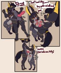 age_difference anthro anubian_jackal ass balls big_butt blue_eyes bodypaint breast_play breasts canid canine canis color_coded_text dark_body dialogue dreadlocks duo ear_piercing egyptian eyeliner female genitals grey_body hi_res hiding_breasts hiding_erection hiding_pussy holding_balls holding_breast holding_head interspecies jackal lagomorph leporid licking_tip makeup male male/female mammal navel navel_piercing nipple_piercing nipples nude older_female older_female_younger_male oral piercing pink_eyes rabbit sa'hav_(tfzn) sex size_difference slightly_chubby slightly_chubby_female speech_bubble titjob trufzn